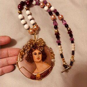 Vintage-Inspired Gold and Purple Beaded Necklace Hand Painted Porcelain